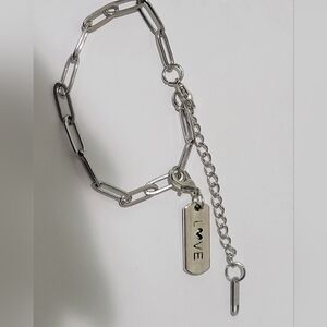 18KWGP STAINLESS STEEL PAPERCLIP SILVER CHARM BRACELET. "LOVE"